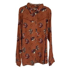 Cotton & Rye Horse Print Western Pearl Snap Long Sleeve Top Size L Rust Red